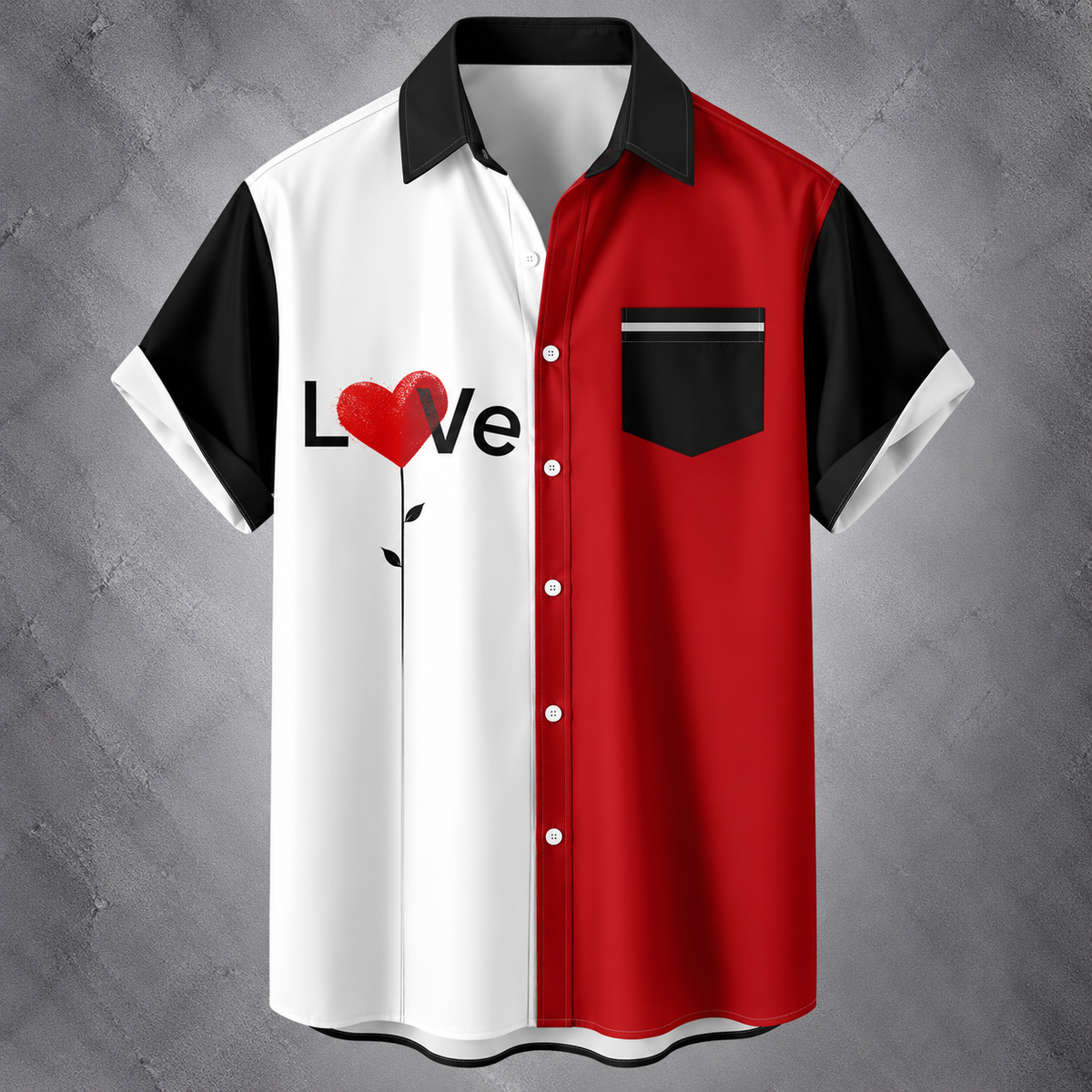 A short-sleeve button-up shirt with a split design: white on the left side with a red heart in the word 'Love' and a red rose graphic, red on the right side, black sleeves, and a black chest pocket with a thin white stripe.