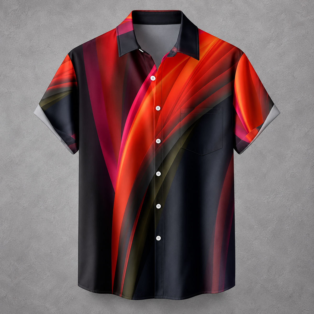 A short-sleeve button-up shirt with a bold abstract print featuring sweeping diagonal bands of red, orange, pink, and black, displayed against a textured gray background.