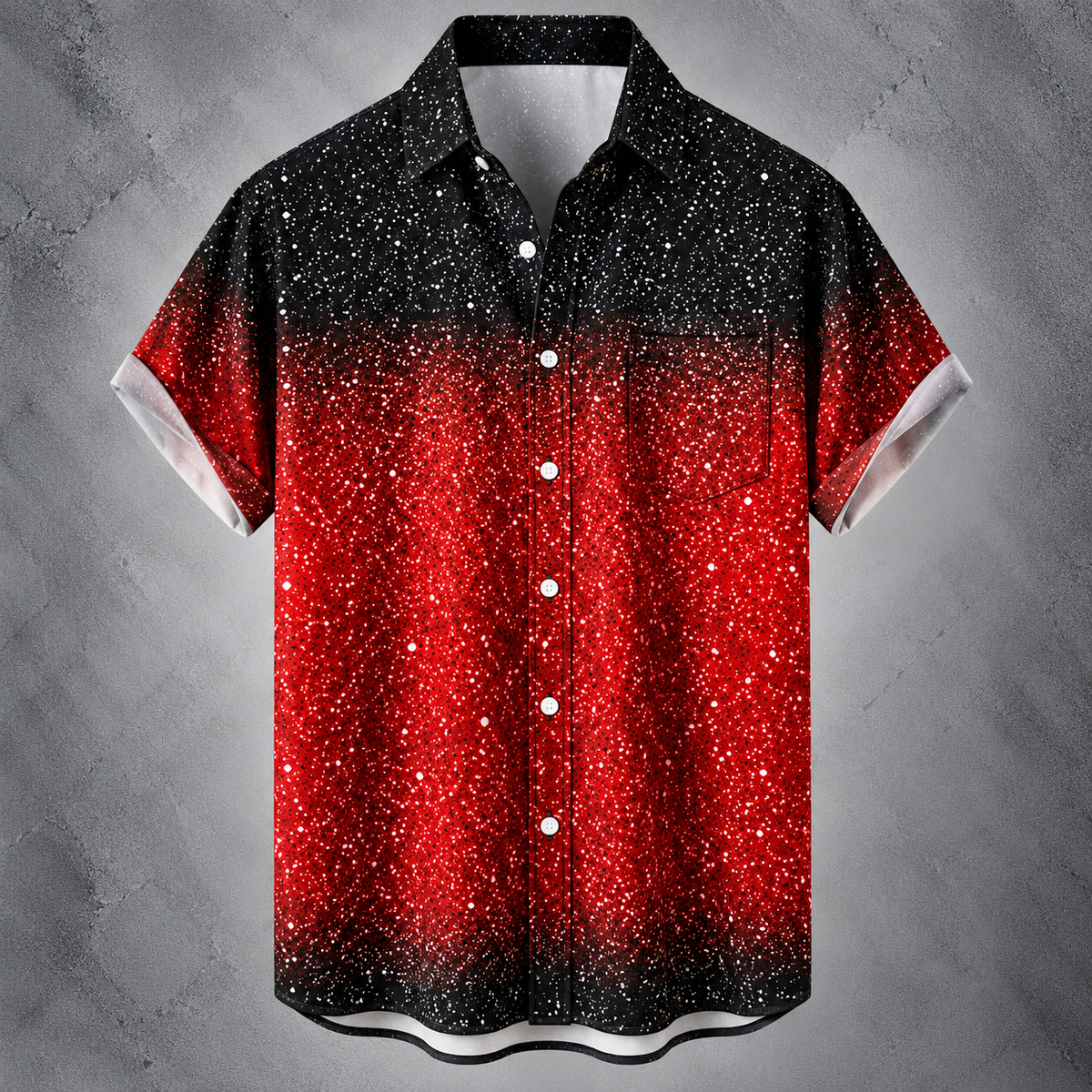 A short-sleeve button-up shirt with a black-to-red gradient and white speckled glitter pattern, displayed against a textured gray background.