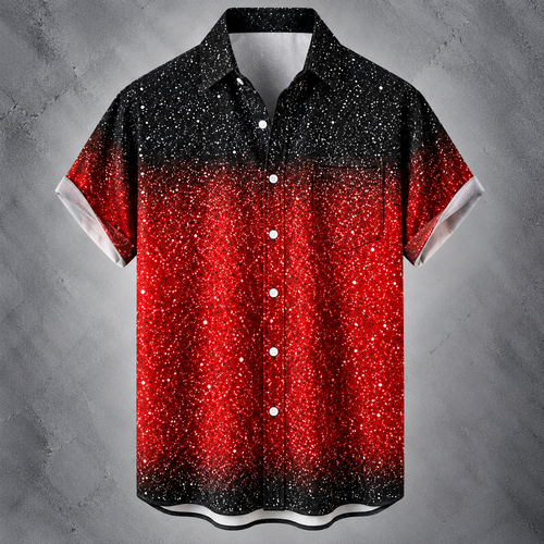 A short-sleeve button-up shirt with a black-to-red gradient and white speckled glitter pattern, displayed against a textured gray background.