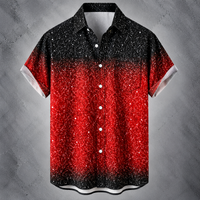 A short-sleeve button-up shirt with a black-to-red gradient and white speckled glitter pattern, displayed against a textured gray background.