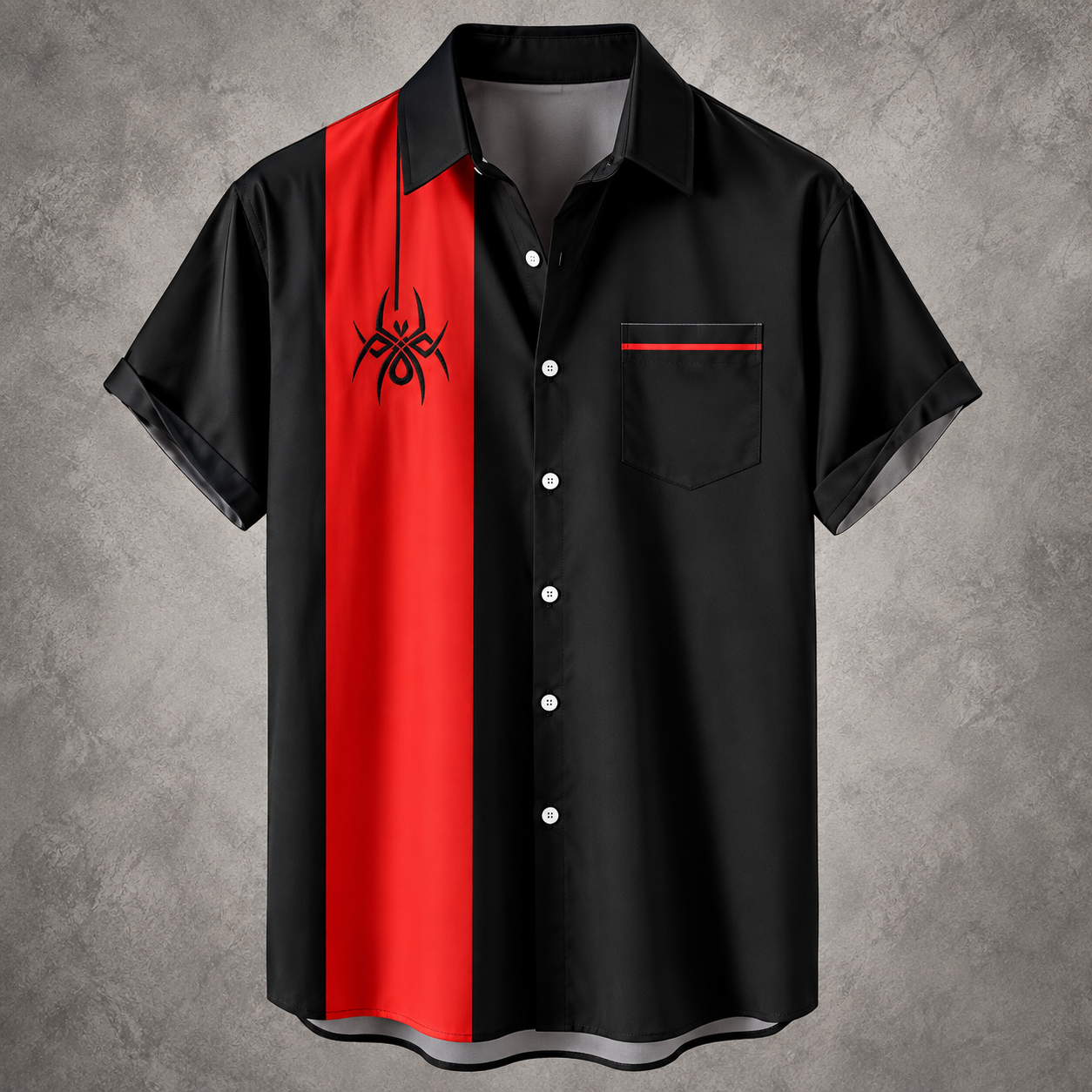 A black short-sleeve button-up shirt with a bold vertical red stripe down the front, a black symbol printed on the chest, and a matching red stripe accenting the left chest pocket, displayed against a textured gray background.
