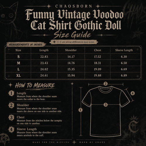 Size guide for a 'Funny Vintage Voodoo Cat Shirt Gothic Doll' with measurements and illustrations on a dark background. Chaos Born