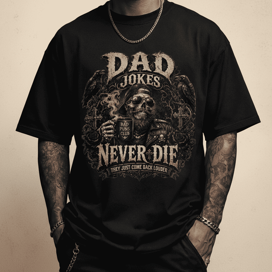 Person wearing a black t-shirt with a graphic design and text on a dark background