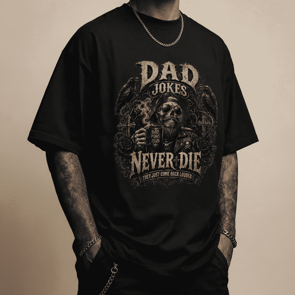 Person wearing a black t-shirt with a graphic design and text on a dark background