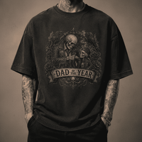 Black t-shirt with 'Dad of the Year' graphic design on a dark background
