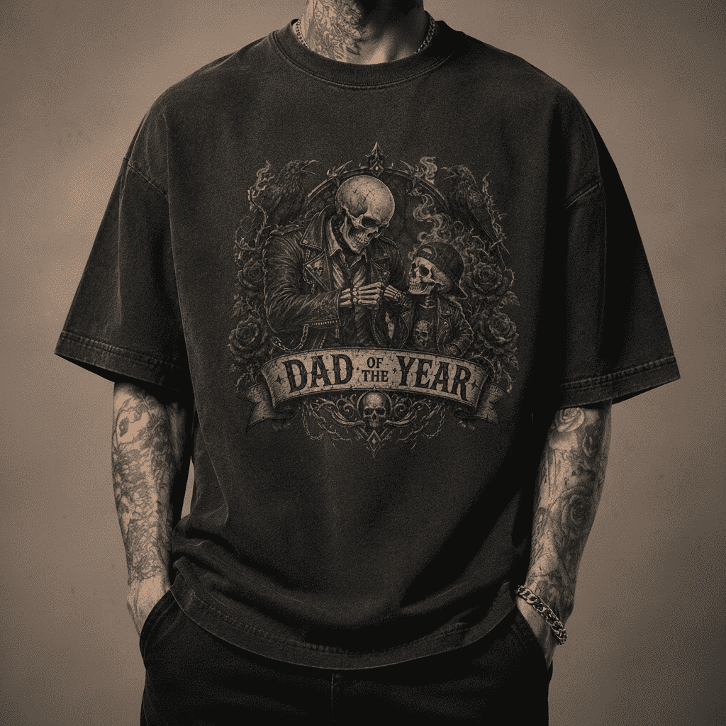 Black t-shirt with 'Dad of the Year' graphic design on a dark background