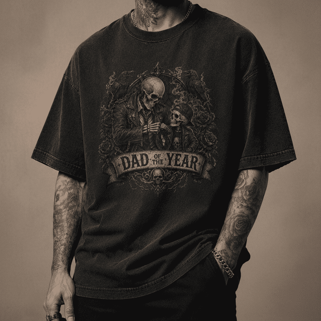 Person wearing a black t-shirt with 'Dad of the Year' graphic design on a dark background