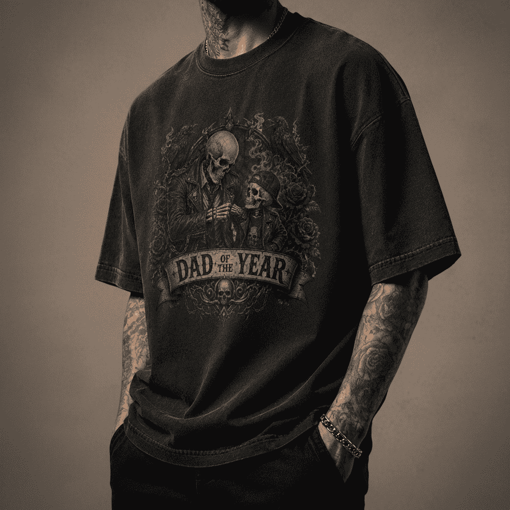 Person wearing a black t-shirt with a graphic design and text on a dark background