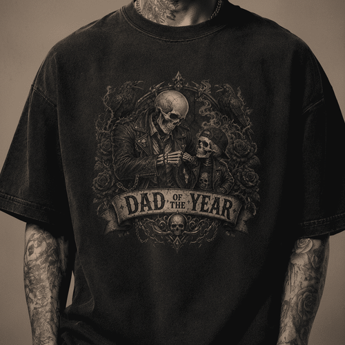 Black t-shirt with 'Dad of the Year' graphic design featuring a skeleton holding a baby.