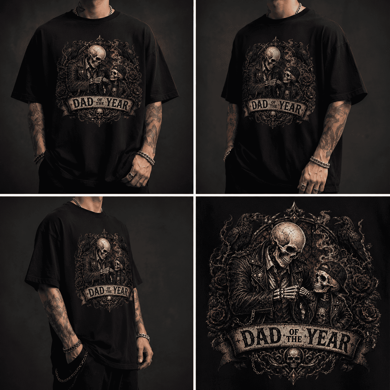 Black t-shirt with 'Dad of the Year' graphic design worn by a person against a dark background.