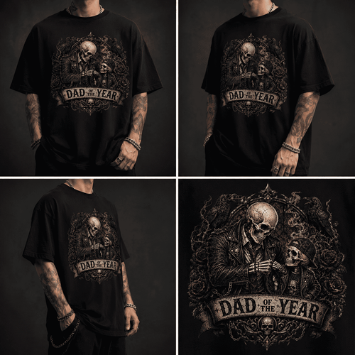 Black t-shirt with 'Dad of the Year' graphic design worn by a person against a dark background.