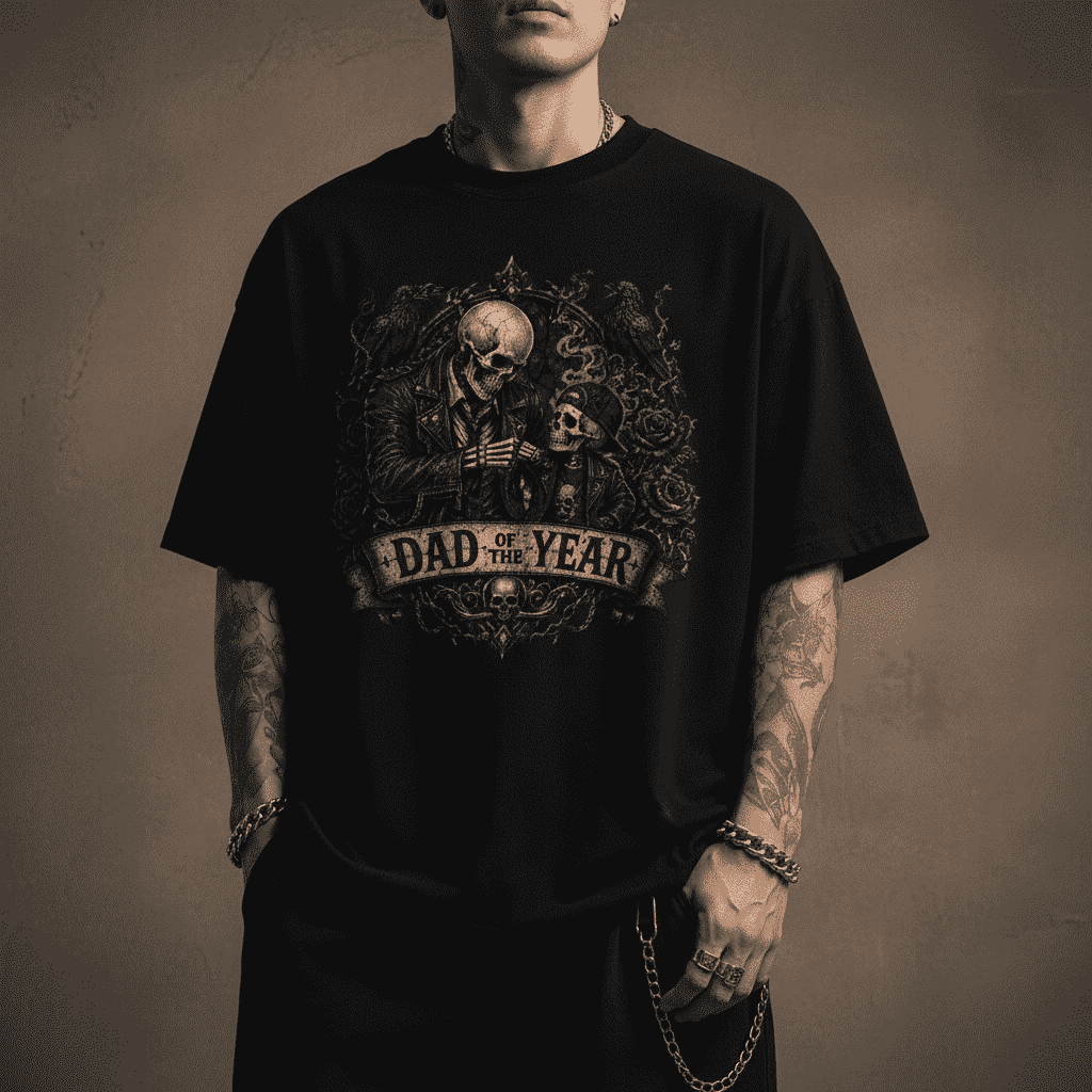 Black t-shirt with a graphic design and text worn by a person on a dark background