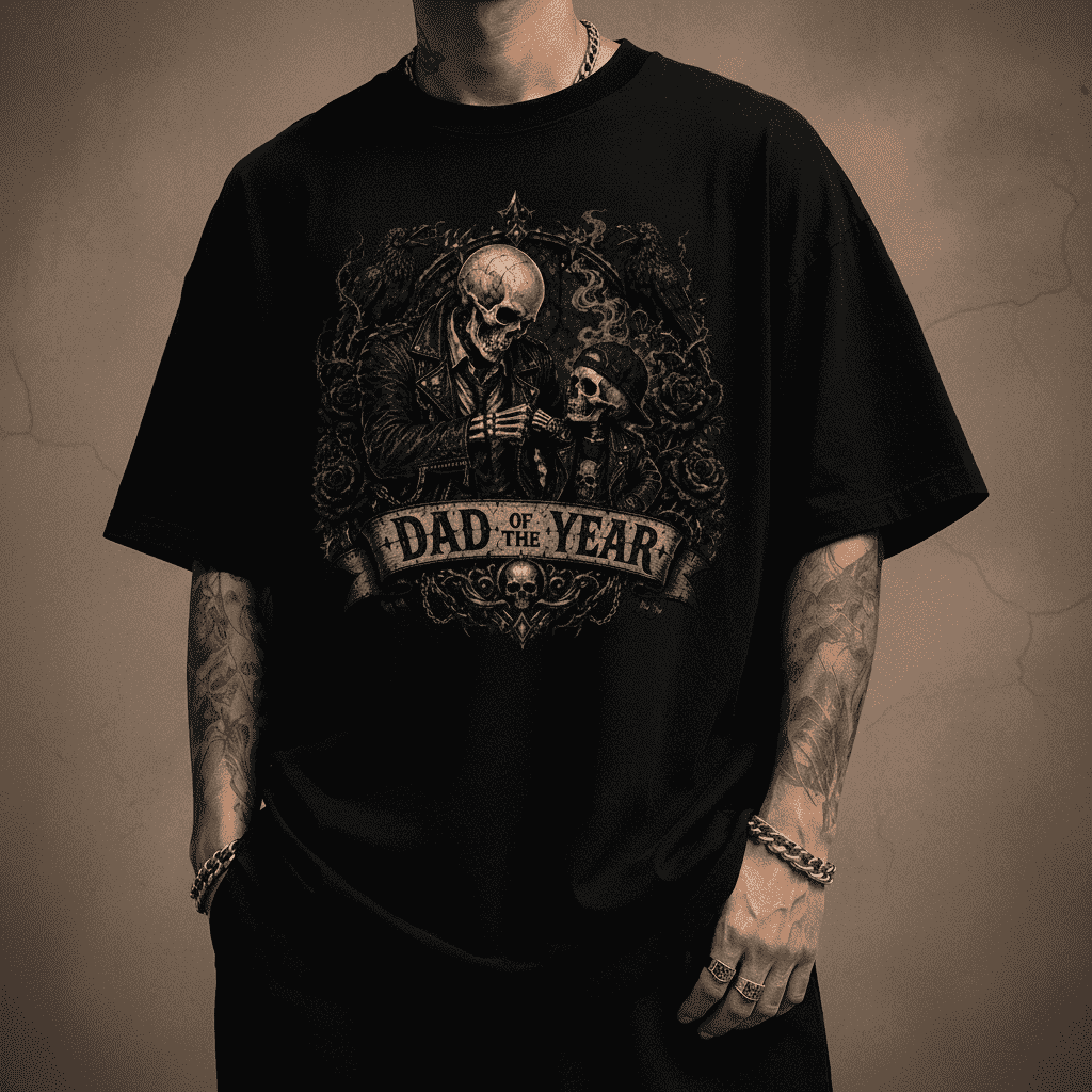 Person wearing a black t-shirt with a graphic design featuring a skull and text on a dark background