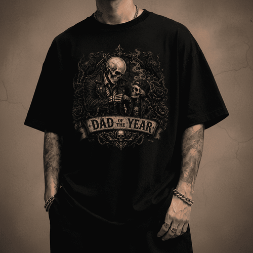 Person wearing a black t-shirt with a graphic design featuring a skull and text on a dark background