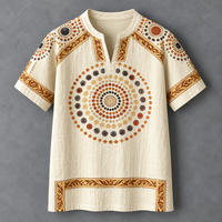 An off-white linen short-sleeve tunic top with a mandala-style circular dot pattern in earthy tones on the chest, displayed flat against a textured gray background.