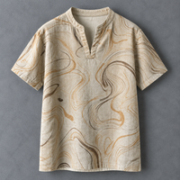 A short-sleeve linen tunic shirt with a split collar, featuring an abstract marbled pattern in beige, brown, and tan on a textured gray background.