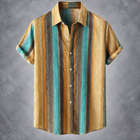 A short-sleeve button-up shirt with vertical stripes in mustard yellow, teal, brown, and dark gray, displayed against a textured gray background.
