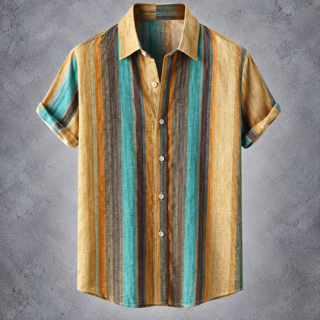 A short-sleeve button-up shirt with vertical stripes in mustard yellow, teal, brown, and dark gray, displayed against a textured gray background.