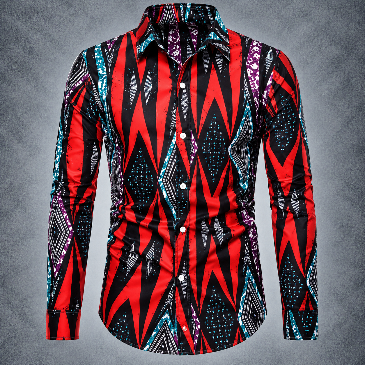 Mens Red Black Geometric Shirt, Tribal Print Long Sleeve Button Up, Retro Festival Party Statement Shirt, Gift for Him