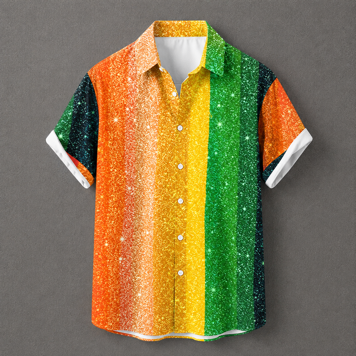 A short-sleeve button-up shirt with a glittery rainbow stripe pattern in orange, yellow, and green, displayed on a neutral gray background.