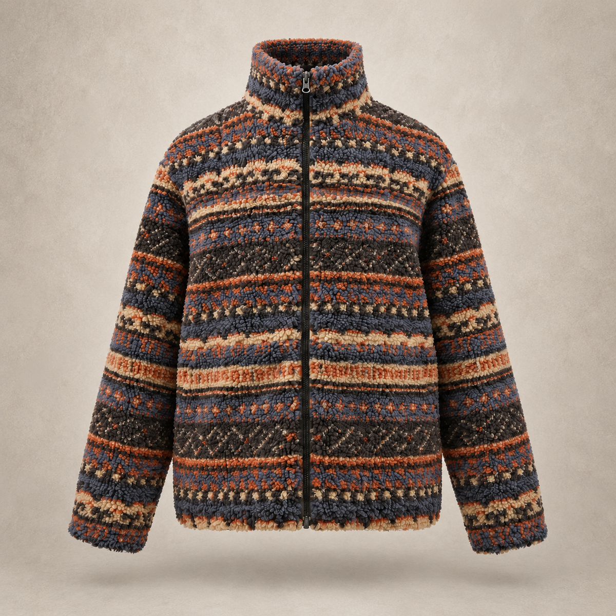 A textured, full-zip fleece jacket featuring a horizontal striped Fair Isle pattern in dark brown, rust orange, beige, and navy blue, displayed against a neutral beige background.