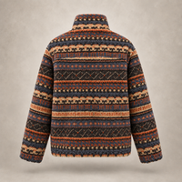 A textured knit sweater with a high mock neck, shown from the back. It features horizontal bands of a Fair Isle pattern in dark brown, rust orange, beige, and navy blue, set against a neutral textured beige background.