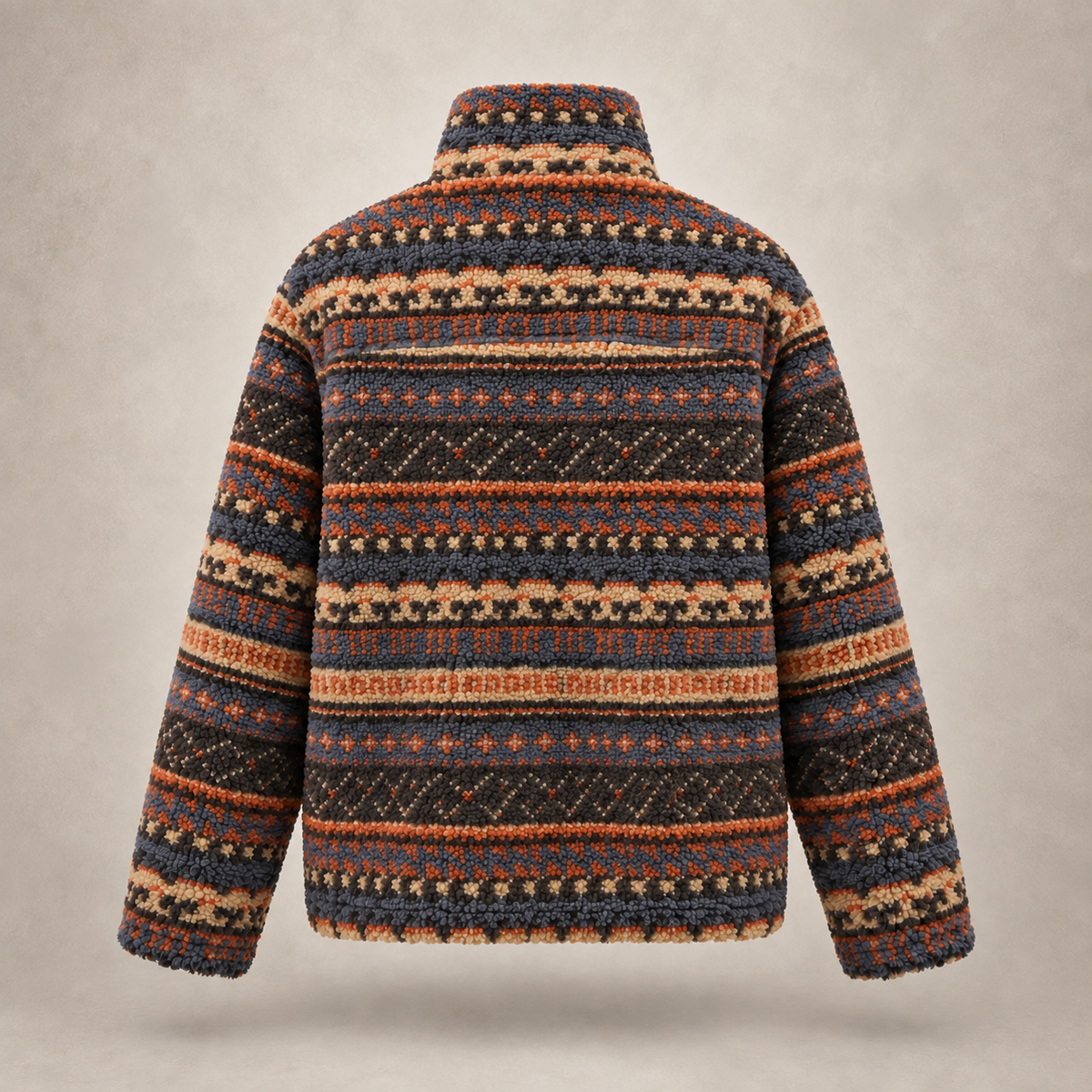 A textured knit sweater with a high mock neck, shown from the back. It features horizontal bands of a Fair Isle pattern in dark brown, rust orange, beige, and navy blue, set against a neutral textured beige background.