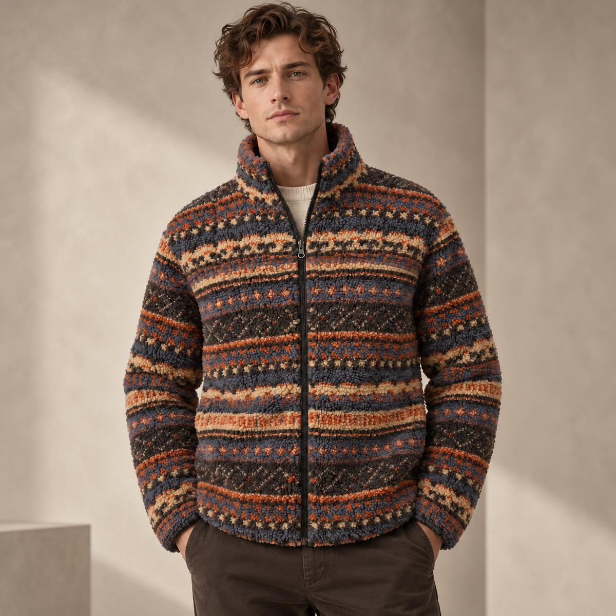 A man wearing a textured zip-up fleece jacket with horizontal multicolor Fair Isle patterns in navy, rust orange, beige, and brown, standing against a neutral beige wall.