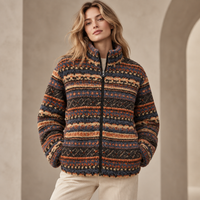 A woman wearing a textured zip-up jacket with horizontal multicolor knit-style stripes in navy, rust orange, beige, and brown, paired with light beige pants, set against a warm beige architectural background.