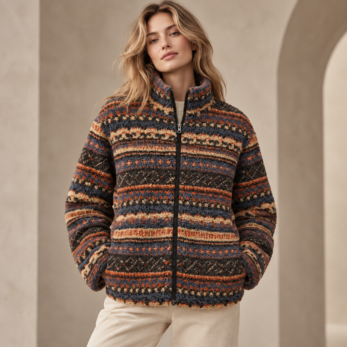 A woman wearing a textured zip-up jacket with horizontal multicolor knit-style stripes in navy, rust orange, beige, and brown, paired with light beige pants, set against a warm beige architectural background.