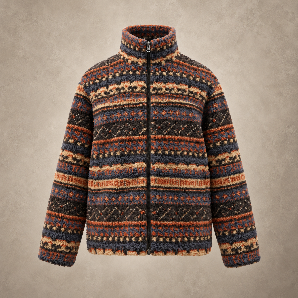 A textured zip-up fleece jacket with a multicolor Fair Isle pattern in navy, rust orange, beige, and black, shown against a neutral textured beige background.