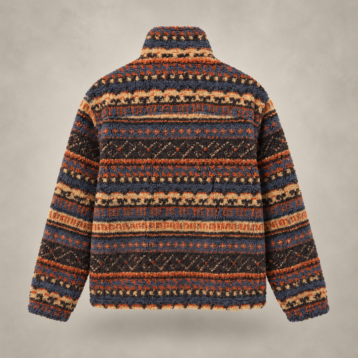 A textured knit sweater with a high mock neck, featuring a multicolor Fair Isle pattern of horizontal stripes in navy blue, rust orange, beige, and black, shown from the back against a neutral gray background.