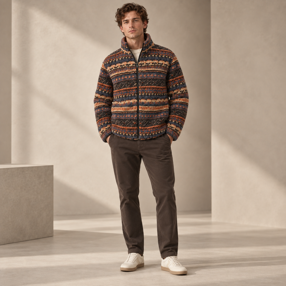 A man wearing a patterned zip-up fleece jacket with horizontal multicolor stripes, dark brown pants, and white sneakers, standing in a minimalist beige studio setting.