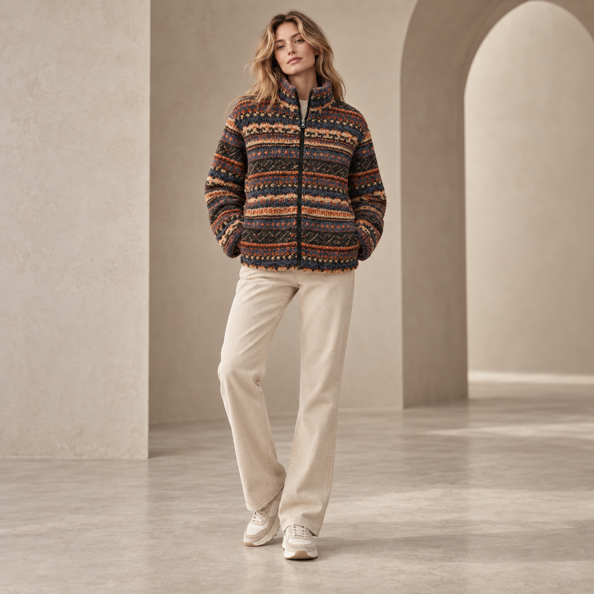 A woman stands in a minimalist architectural setting with arches, wearing a cropped, zip-front knit jacket with a multicolor Fair Isle pattern, cream-colored wide-leg trousers, and white sneakers.