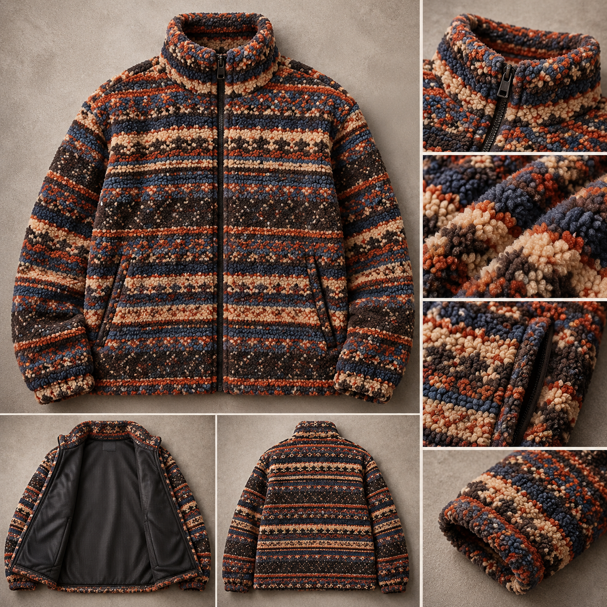 Luxury Fair Isle Sherpa Fleece Jacket, Full Zip Nordic Geometric Fleece, Unisex Oversized Vintage Winter Streetwear Coat
