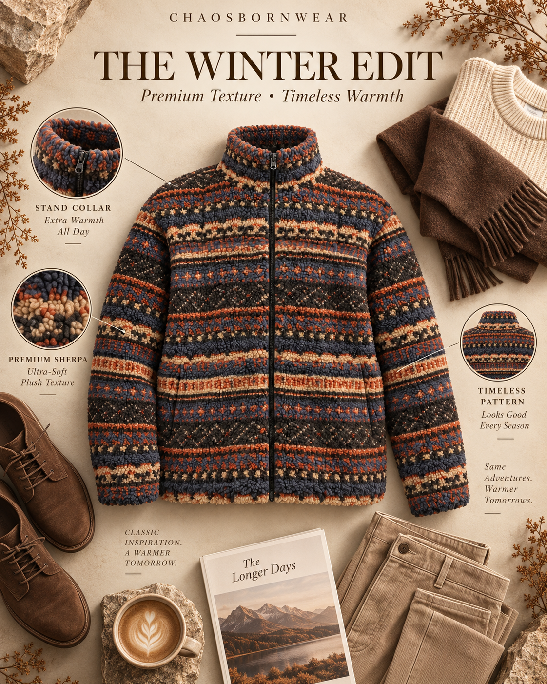 Luxury Fair Isle Sherpa Fleece Jacket, Full Zip Nordic Geometric Fleece, Unisex Oversized Vintage Winter Streetwear Coat