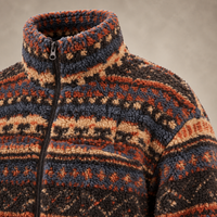 Luxury Fair Isle Sherpa Fleece Jacket, Full Zip Nordic Geometric Fleece, Unisex Oversized Vintage Winter Streetwear Coat
