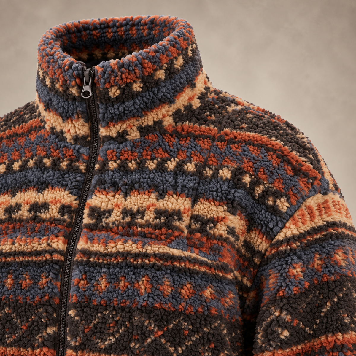 Luxury Fair Isle Sherpa Fleece Jacket, Full Zip Nordic Geometric Fleece, Unisex Oversized Vintage Winter Streetwear Coat
