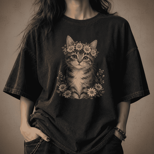 Person wearing a black t-shirt with a cat and flower design on a dark background
