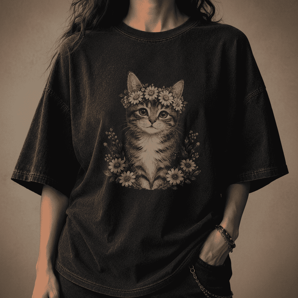 Person wearing a black t-shirt with a cat and floral design on a dark background