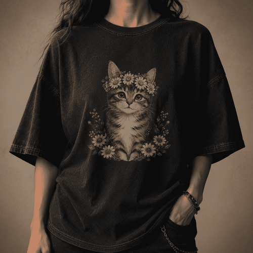 Person wearing a black t-shirt with a cat and floral design on a dark background