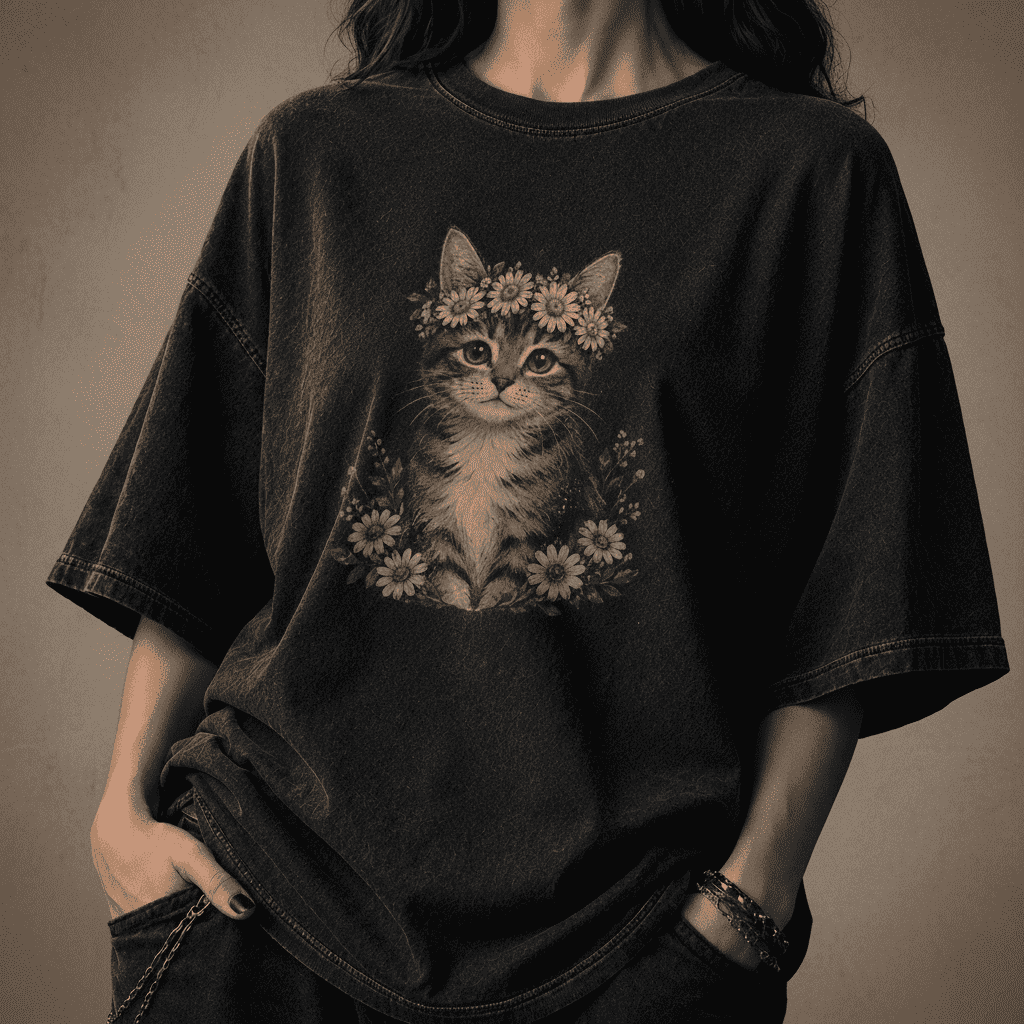 Person wearing a black t-shirt with a cat and floral design on a dark background