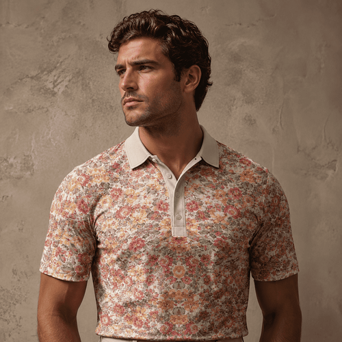 Man wearing a floral patterned shirt against a textured wall.