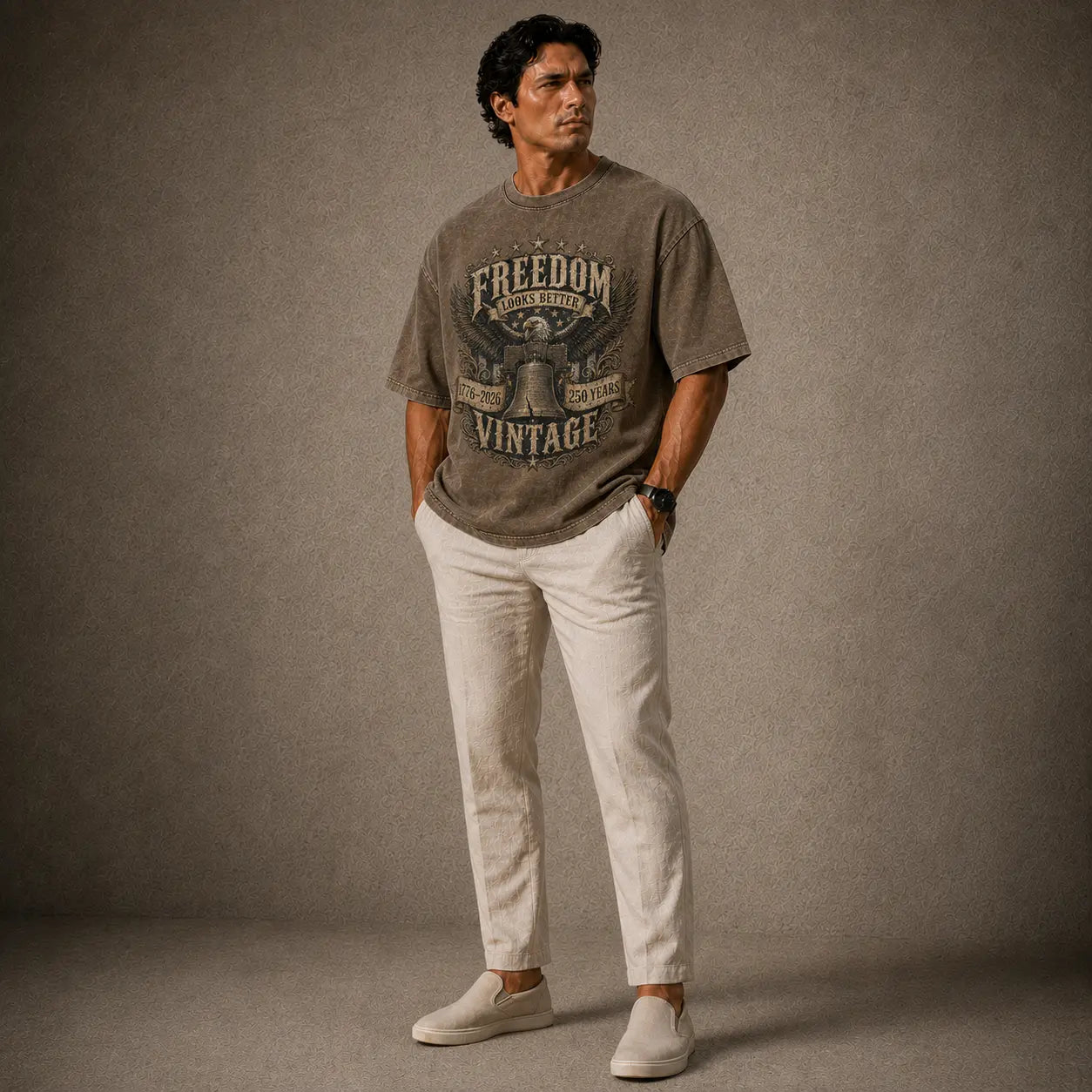 Man wearing a gray t-shirt with 'Freedom Vintage' text and white pants against a brown background
