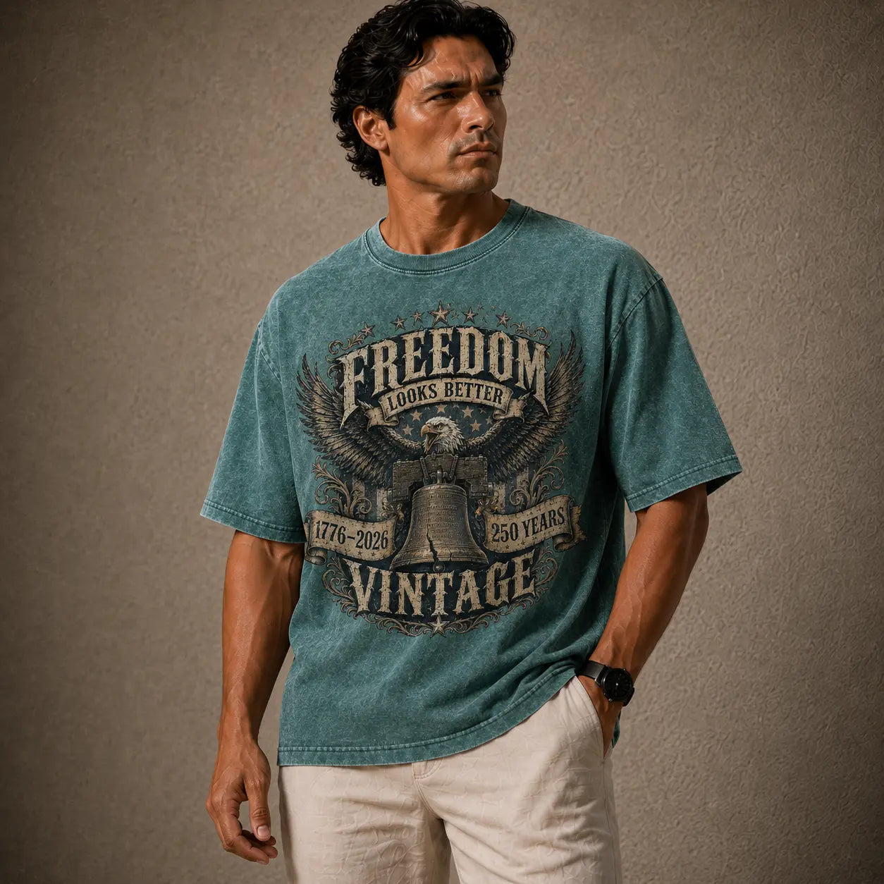 Man wearing a blue t-shirt with a graphic design on a brown background