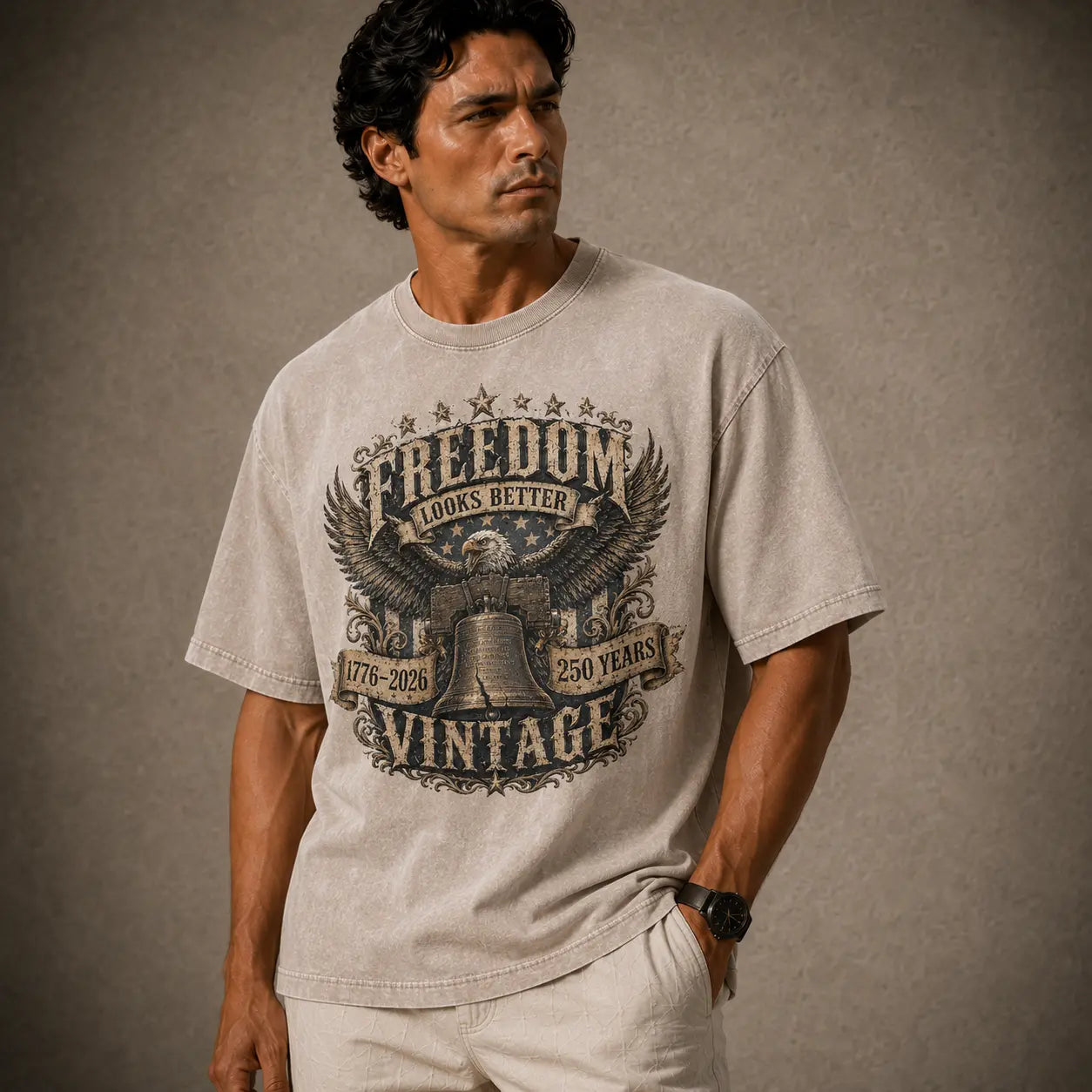 Man wearing a gray t-shirt with an eagle graphic and text on a brown background