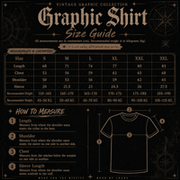 Vintage graphic shirt size guide with measurements and illustrations on a dark background
