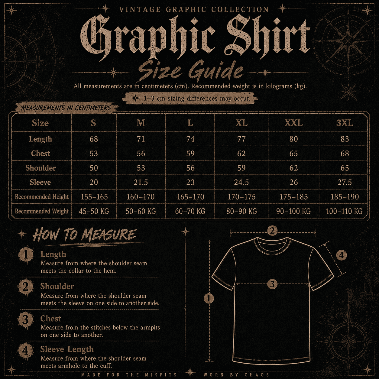 Vintage graphic shirt size guide with measurements and illustrations on a dark background