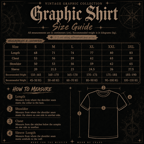 Vintage graphic shirt size guide with measurements and illustrations on a dark background